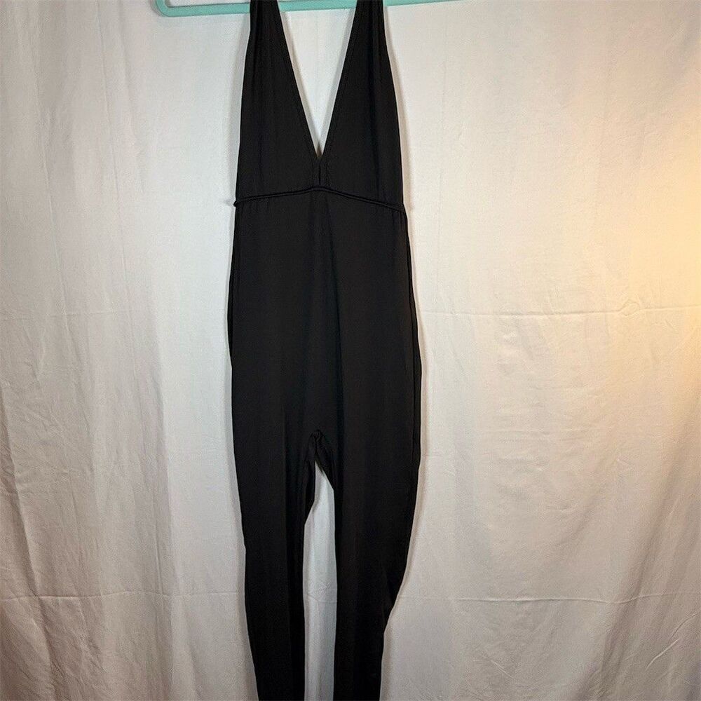 Womens Black Halter Jumpsuit S Deep V Open Back Ruched Straight Leg 28 unbranded